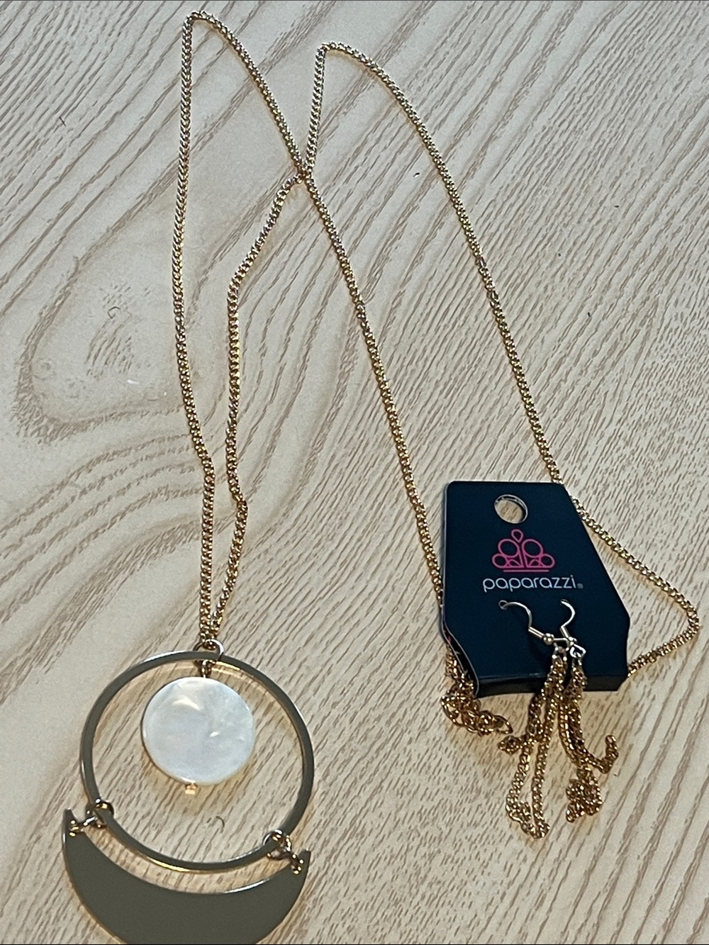 Paparazzi Gold-Tone Circle & Crescent Pendant Necklace with Mother-of-Pearl Disc